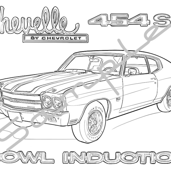 1970 CHEVELLE 454SS COWL INDUCTION, Adult Coloring Page, Printable Coloring Page, Coloring Page for Adults, Digital Instant Download 1 page