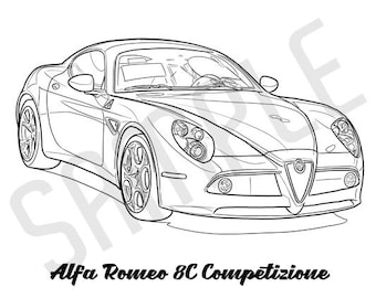 ALFA ROMEO 8C COMPETIZIONE Coolest Car Adult Coloring Page, Printable Coloring Pages, Coloring Page Adults, Digital Instant Download 2 pages