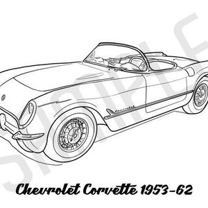 May include: A black and white line drawing of a 1950s Chevrolet Corvette convertible. The car is drawn in profile, with the driver's side facing the viewer. The car has a long hood, a low roofline, and a rounded rear end.