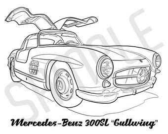 MERCEDESBENZ 300SLGULLWING Coolest Car Adult Coloring Page, Printable Coloring Pages, Coloring Page Adults, Digital Instant Download 2 pages