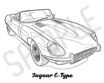 JAGUAR E-TYPE Coolest Car Adult Coloring Page, Printable Coloring Pages, Coloring Page Adults, Digital Instant Download 2 pages