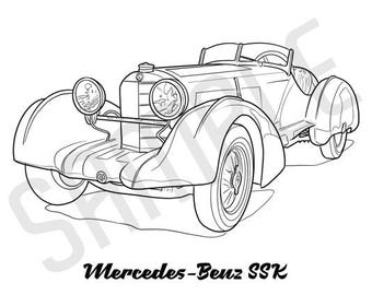MERCEDES-BENZ SSK Coolest Car Adult Coloring Page, Printable Coloring Pages, Coloring Page Adults, Digital Instant Download 2 pages