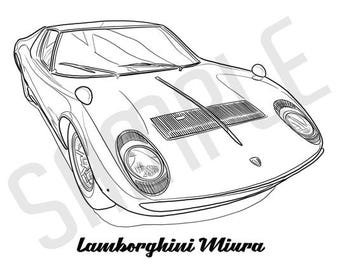 LAMBORGHINI MIURA Coolest Car Adult Coloring Page, Printable Coloring Pages, Coloring Page Adults, Digital Instant Download 2 pages