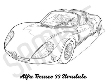 ALFA ROMEO 33 STRADALE Coolest Car Adult Coloring Page, Printable Coloring Pages, Coloring Page Adults, Digital Instant Download 2 pages