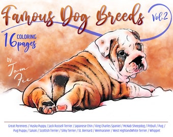 Famous Dog Breeds Vol.2, Adult Coloring Book, Printable Coloring Pages, Coloring Book Adults, Digital Instant Download 16 pages