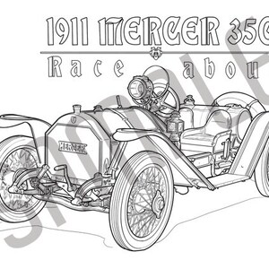 May include: A black and white line drawing of a 1911 Mercer 35C raceabout car. The car has a large, open cockpit and a long, pointed hood. The car is shown in profile, with the front wheels turned to the left.