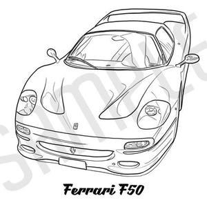 May include: A black and white line drawing of a Ferrari F50 sports car. The car is facing the viewer and the front headlights are visible.