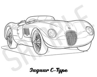 JAGUAR C-TYPE Coolest Car Adult Coloring Page, Printable Coloring Pages, Coloring Page Adults, Digital Instant Download 2 pages