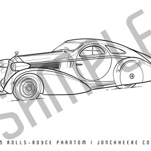 May include: Line drawing of a 1925 Rolls-Royce Phantom I Jonckheere Coupe. The classic car is depicted in profile, showcasing its streamlined body, rounded fenders, and detailed front grille. The image includes the car's name and year.