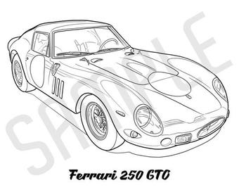 FERRARI 250 GTO Coolest Car Adult Coloring Page, Printable Coloring Pages, Coloring Page Adults, Digital Instant Download 2 pages