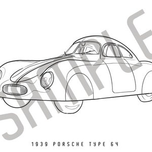 Puede incluir: Un dibujo en blanco y negro de una línea de un coche Porsche Type 64 de 1939. El coche tiene un estilo de carrocería redondeado con un capó largo y una cubierta trasera corta. El dibujo es simple y elegante, destacando el diseño clásico del coche.