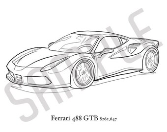 FERRARI 488 GTB Adult Coloring Book, Printable Coloring Pages, Coloring Book Adults, Digital Instant Download 1 page