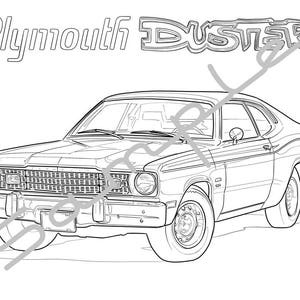 May include: A black and white line drawing of a Plymouth Duster car. The car is a classic muscle car with a long hood and a short rear deck. The car has a distinctive grille and taillights.
