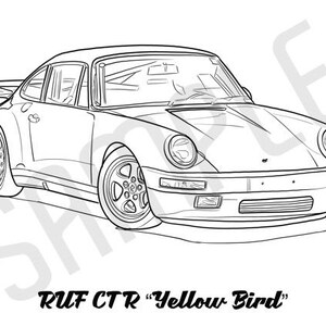 May include: Line drawing of a classic sports car, a RUF CTR "Yellow Bird", with a rear spoiler and distinctive wheels. The car is depicted in a side view, showcasing its sleek design and aerodynamic features. The text "RUF CTR 'Yellow Bird'" is at the bottom.