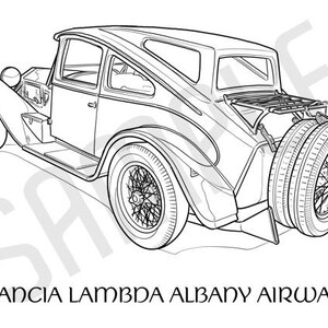 May include: Line drawing of a classic Lancia Lambda Albany Airway car. The vehicle features a spare tyre at the rear, wire wheels, and a luggage rack. The text "Lancia Lambda Albany Airway" is at the bottom of the image.