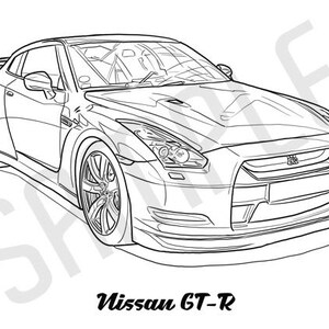 以下が含まれることがあります： 日産GT-Rスポーツカーの白黒線画。車は視聴者に向かっており、大きなグリルとヘッドライトを持つ詳細なフロントエンドがあります。