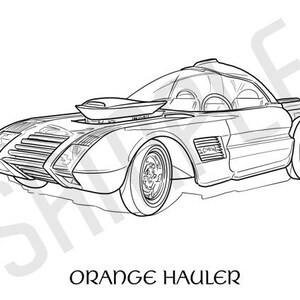 May include: A detailed line drawing of a futuristic car, labelled "Orange Hauler." The vehicle has a low, sleek design with large wheels and a bubble-shaped cabin. It features a prominent air intake and a distinctive front end. The text "ORANGE HAULER" is below the car.