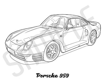 PORSCHE 959 Coolest Car Adult Coloring Page, Printable Coloring Pages, Coloring Page Adults, Digital Instant Download 2 pages
