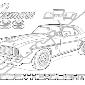 1969 CHEVY CAMARO SS with Hidden Headlights, Adult Coloring Page, Printable, Coloring Page Adults, Digital Instant Download 1 page