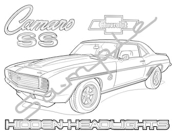 1969 CHEVY CAMARO SS with Hidden Headlights, Adult Coloring Page, Printable, Coloring Page Adults, Digital Instant Download 1 page