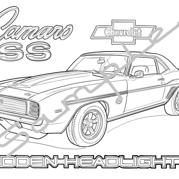 1969 CHEVY CAMARO SS with Hidden Headlights, Adult Coloring Page, Printable, Coloring Page Adults, Digital Instant Download 1 page