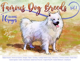 Famous Dog Breeds Vol.1, Adult Coloring Book, Printable Coloring Pages, Coloring Book Adults, Digital Instant Download 16 pages