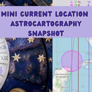 May include: An astrology-themed graphic with the text "MINI CURRENT LOCATION ASTROCARTOGRAPHY SNAPSHOT." The image includes a detailed zodiac wheel, star accents, and a map of the Caribbean with a highlighted area.