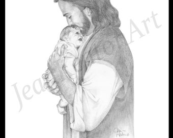 Print of Christ Snuggling an Infant (print) // Jesus Christ // pencil drawing // religious art // baby // nursery art //