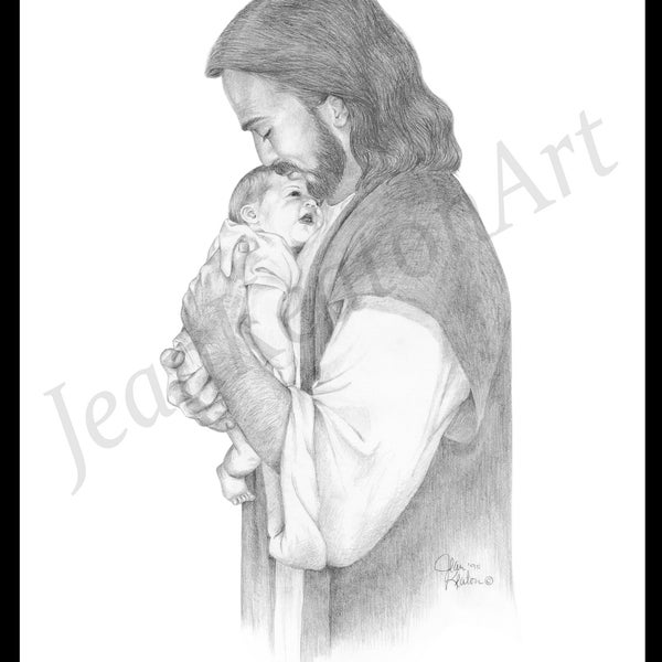 Print of Christ Snuggling an Infant (print) // Jesus Christ // pencil drawing // religious art // baby // nursery art //