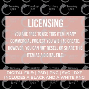 May include: Black background with a repeating pattern of the words "Turnkey Tees" and a circular arrow design. A pink rectangle in the center contains the word "LICENSING" and usage terms. Digital file formats include PSD, PNG, SVG, and DXF.
