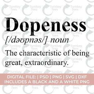 May include: A digital file design with the word "Dopeness" in bold black font, along with its phonetic pronunciation and definition. The design includes the text "DIGITAL FILE" and file type formats.
