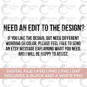 May include: White background with a repeating pattern of gray arrows and the text "Turnkey Tees." Bold black text reads "NEED AN EDIT TO THE DESIGN?" Additional text explains how to request design changes. Includes digital file formats.