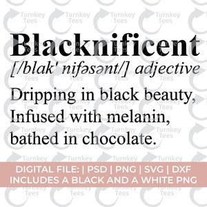 May include: A digital file design with the word "Blacknificent" in bold black font, defined as an adjective. The description includes phrases like "dripping in black beauty" and "bathed in chocolate." The file includes a black and white PNG.