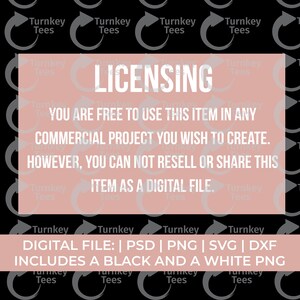 May include: Black background with repeated "Turnkey Tees" logos. A light pink rectangle contains the word "LICENSING" and text stating the item can be used in commercial projects but not resold as a digital file. Includes PSD, PNG, SVG, and DXF files.