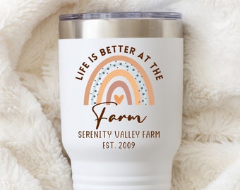 Vaso personalizado para propietarios de granjas, taza personalizada de Farm Est, taza de viaje con nombre de granja personalizable, la vida es mejor en la granja, regalos para propietarios de granjas