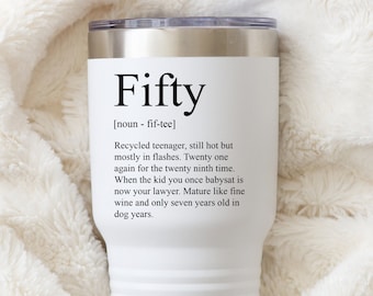 Regalo para mujer en su 50 cumpleaños, vaso térmico para el 50 cumpleaños, vaso térmico personalizado con la definición del 50 cumpleaños, regalo de cumpleaños para su amiga