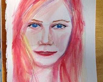 Roodharige vrouwelijke portret schilderij - aquarel portret originele kunst 6 " x 9"