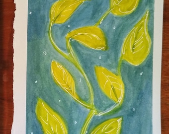 Arte de pared botánico, pintura original del color del agua, hojas verdes, decoración de la pared