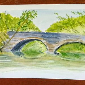 Stone Bridge painting, original watercolor art, bridge over a creek art