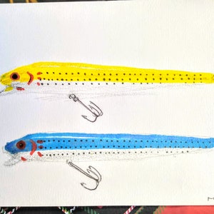 Fishing Lure Watercolor Painting, Blue and yellow Striped Bass Plugs, Original Painting, Fishing Lure Art, Fishing Gift, 8 1/2&quot; x 5 1/2&quot;