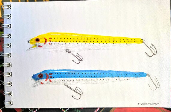 Gift for fisherman Fishing Lure Art Blue and green Striped Bass Plugs Handpainted One Of A Kind Original watercolor