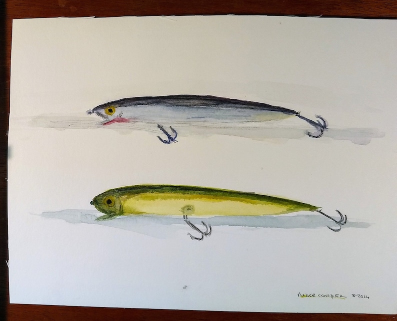 Gift for fisherman Fishing Lure Art Blue and green Striped Bass Plugs Handpainted One Of A Kind Original watercolor
