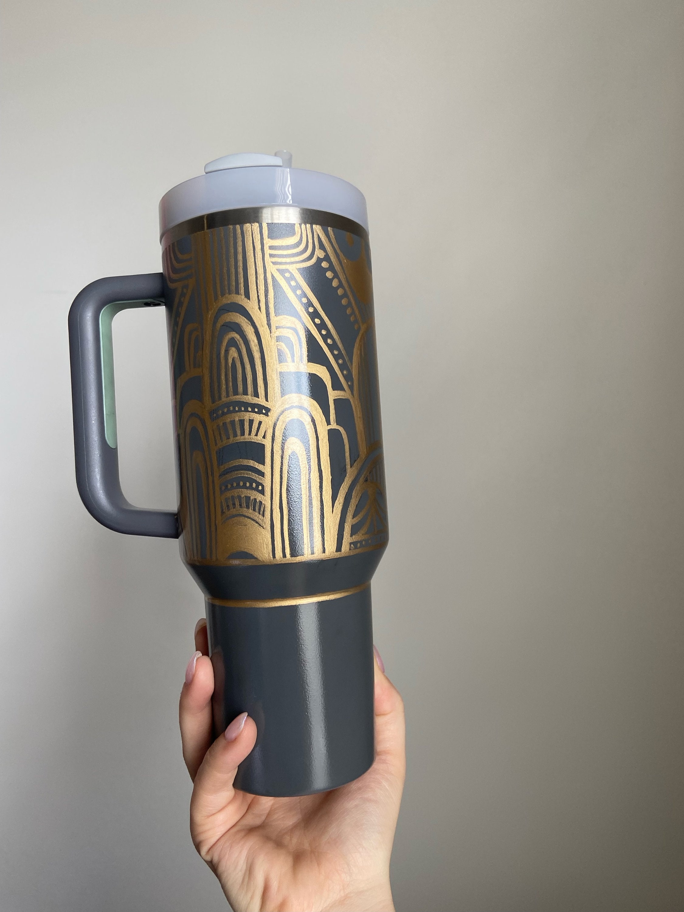 Hand Painted 40oz Art Deco Stanley Tumbler, Hand Painted Art Deco Gatsby  Tumbler, Charcoal Stanley Cup Stainless Steel, Gifts for Her, 