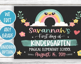 Boho Rainbow First Day of School Sign, Girl First Day of School Chalkboard, Back to School Sign Printable, First Day of Kindergarten Daycare