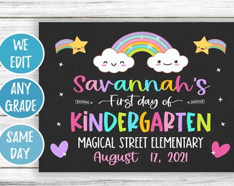 Rainbow First Day of School Sign, Girl First Day of School Chalkboard, Back to School Sign, 1st Day of School Printable, First Day Preschool