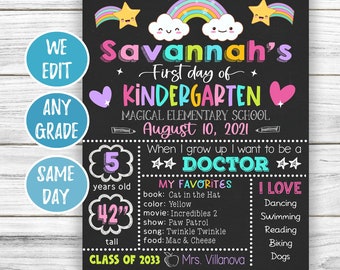 Girl First Day of School Sign, Rainbow First Day of School Chalkboard, Back to School Sign, 1st Day of School Sign, First Day Kindergarten
