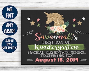 Unicorn Back to School Sign - Girl First Day of School Sign - First Day of Kindergarten - 1st day of school printable - Any Grade Printable