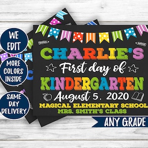 Rainbow Back to School Sign - First Day of School Sign Printable - First Day of Kindergarten any grade - 1st day of school sign chalkboard