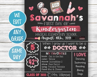 First Day of School Sign Girl, Back to School Sign Chalkboard, First Day of School Printable Sign, Makeup 1st Day of School Sign Preschool