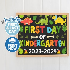 Dinosaur First Day of Kindergarten Chalkboard - Printable Back to School Sign - Dino First Day of School Sign - First Day Kinder Printable